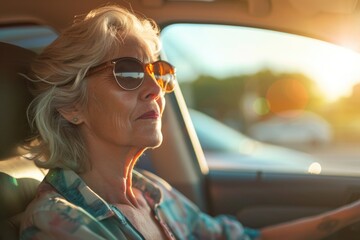Poster - A woman holding the steering wheel of a car, focused on the road