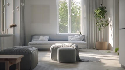 Poster - Cozy living room interior with various furniture pieces and a large window