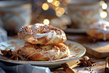 Poster - Freshly baked doughnuts on a table with a steaming cup of coffee, perfect for breakfast or snack