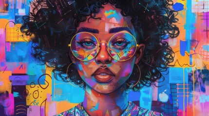 Sticker - A woman with curly hair and glasses is the main subject of the painting