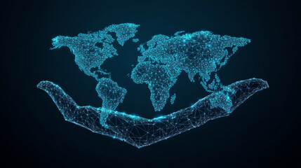 Poster - A low-poly wireframe image of a world map held in a hand's palm. The vector polygonal design resembles a starry sky or space, composed of points, lines, and shapes that form stars and abstract.