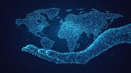 Poster - A low-poly wireframe image of a world map held in a hand's palm. The vector polygonal design resembles a starry sky or space, composed of points, lines, and shapes that form stars and abstract.