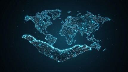Poster - A low-poly wireframe image of a world map held in a hand's palm. The vector polygonal design resembles a starry sky or space, composed of points, lines, and shapes that form stars and abstract.