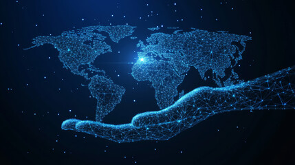 Poster - A low-poly wireframe image of a world map held in a hand's palm. The vector polygonal design resembles a starry sky or space, composed of points, lines, and shapes that form stars and abstract.