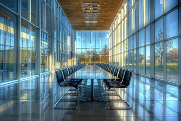 Poster - A large meeting or dining space with a long table and black chairs