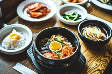 a wooden table topped with bowls of food