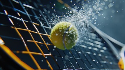 A tennis ball is in the air, surrounded by water droplets