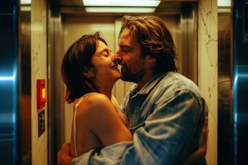 happy couple kissing in the elevator smiling boyfriend kissing his girlfriend while embracing and la