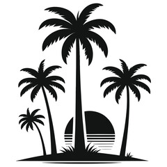 Palm trees silhouette with sunset vector illustration, black and white tropical scene, perfect for summer designs