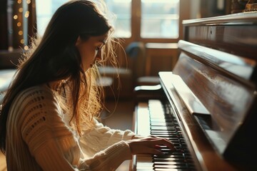 Poster - A person sitting at home playing a piano, perfect for music-related or lifestyle content