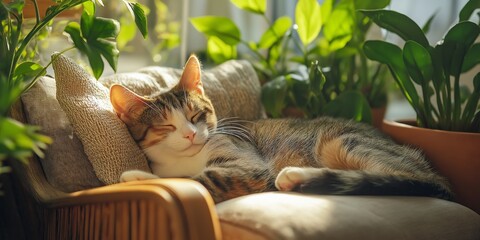 Wall Mural - A cat is laying on a chair next to a plant