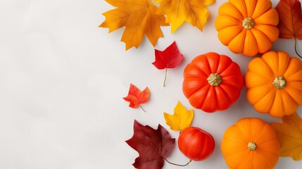 A white background with a bunch of pumpkins and leaves