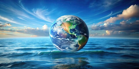 The Earth floating in a vast ocean on a giant planet , drowning, space, planet, Earth, ocean, giant, surreal, universe, concept