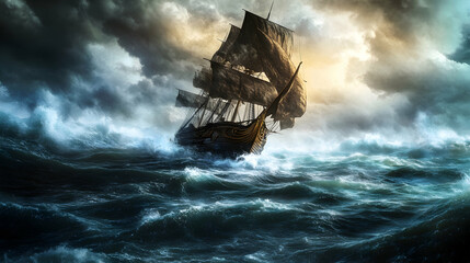 Wall Mural - Magnificent ancient sailing ship in a stormy sea