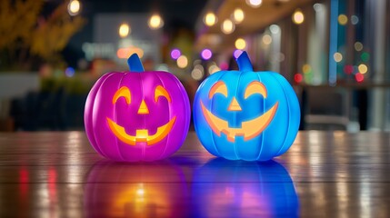 Two pumpkins with glowing eyes and smiling faces sit on a table. The scene is set in a dimly lit room, with a few lights in the background. The pumpkins are placed close to each other