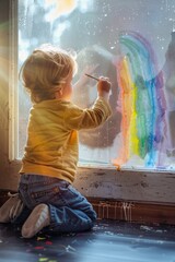 Wall Mural - A young child sits on the floor drawing on a window, possibly creating art or playing