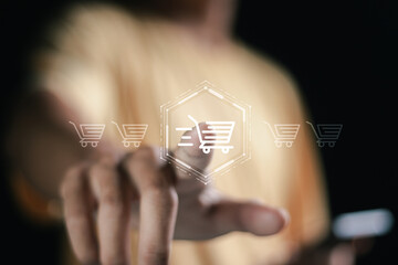 Wall Mural - business ecommerce concept, person touching online shopping cart icon on virtual screen. online purc