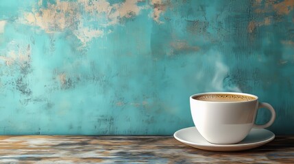 Wall Mural - A white coffee cup sits on a white plate on a wooden table