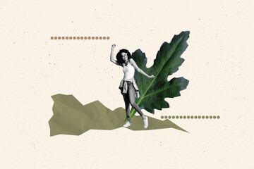 Wall Mural - Creative photo collage young cheerful woman dance rejoice friday green leaf plant nature environment eco friendly weekend