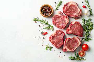 Wall Mural - raw meat and steak together with tomatoes, garlic, and black pepper.