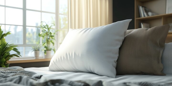 3D rendering of a white pillow on a bed in a bedroom setting