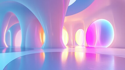 Poster - Abstract architectural background featuring a white interior with discs and colorful gradient neon lighting in a 3D rendering