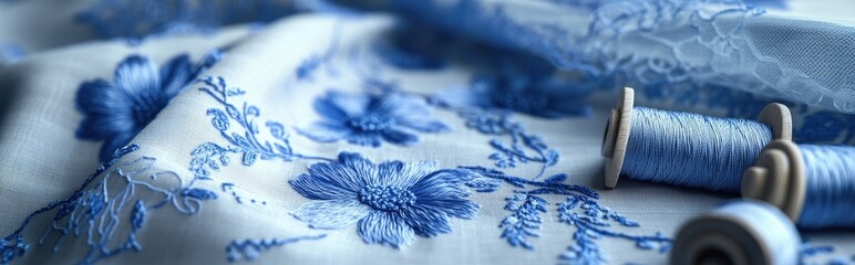 Poster - 3D rendering of a napkin featuring cornflower embroidery and spools of thread showcasing the art of embroidery and lace making