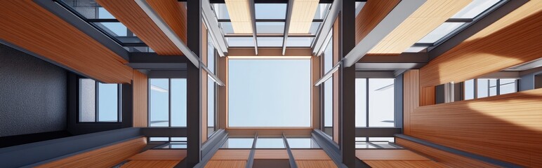 Poster - 3D rendering of a vertical perspective looking up at a pavilion roof featuring brown wooden planks and gray frames