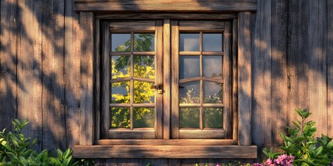 Poster - 3D rendering of a wooden window with an abstract background