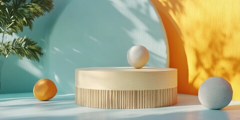 Poster - 3D rendering of a round wooden saw cut cylinder on a color abstract background Minimalist box and geometric podium with various geometrical forms Empty display for eco friendly cosmetic product pr