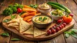 © Arethaawykoff - Cozy and intimate snack setup featuring hummus, pita chips, and a few crudités, arranged on a small wooden board, a realistic photo image.
