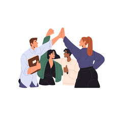 Poster - Team celebrates business success. Happy people give high five for corporate win. Coworkers rejoice at work achievement. Employees best deal together. Flat isolated vector illustration on white