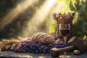 Serene vineyard setting with wine, grapes, and bread, basking in golden sunlight.
