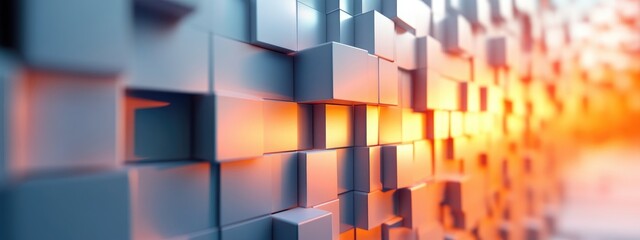 Poster - 3D rendering of an abstract background featuring a long corridor with extruded simple shapes and illuminated wall segments made of random square polygons