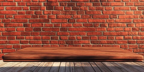 Poster - 3D rendering of a wooden table against an abstract red brick wall backdrop