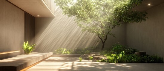 Aufkleber - 3D rendering of a modern home interior featuring a zen garden showcasing a luxurious space with empty concrete walls sunlight green trees and outdoor plants