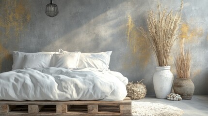 Aufkleber - 3D rendering of a vase filled with potted straws pebbles dry plants and decorative elements set against a rustic bedroom featuring a DIY pallet bed adorned with a white soft duvet and pillows show