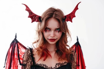 Poster - A woman wearing a devil costume with horns, suitable for Halloween or fantasy-themed illustrations