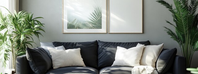 Aufkleber - 3D rendering of a stylish living room featuring a black sofa decorative pillows artwork and a houseplant