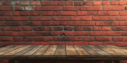 Poster - 3D rendering of a wooden table against an abstract red brick wall backdrop