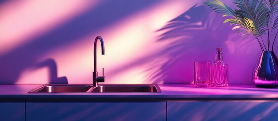 Aufkleber - 3D rendering of an industrial minimalist kitchen with sunlight illuminating the sink and a vase placed atop it suitable for background use