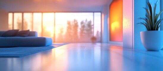 Poster - 3D rendering of a blurred living room interior with morning sunlight streaming through a large window featuring a bright white tone for background use