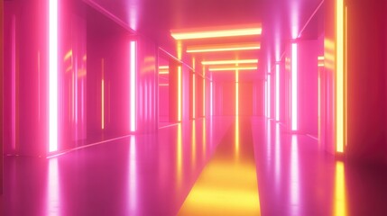 Poster - Abstract futuristic sci fi interior featuring pink and yellow glowing neon tubes 3D rendering
