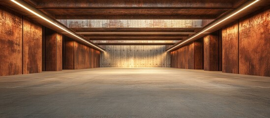 Aufkleber - Empty smooth abstract interior featuring rusted metal sheets and brown concrete Architectural background Night view with illumination 3D rendering
