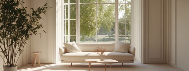 Poster - Bright living room featuring a sofa and a summer landscape through the window in a Scandinavian interior style 3D rendering