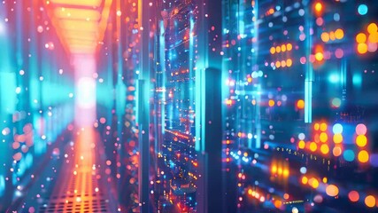 Poster - A row of computer servers in a data center. Concept of cyberspace, communication and technology.