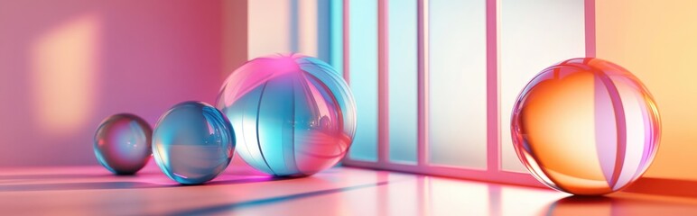 Poster - 3D rendering of an abstract interior featuring gradient colored glass spheres and a large window