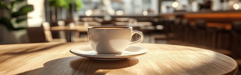 Poster - 3D rendering of a cup of coffee on a table in a cafe ambiance