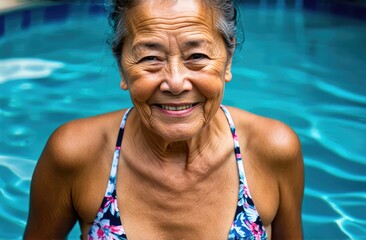 elderly asian woman wearing bikini having rest in pool. beautiful aging concept, elder activity