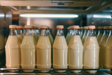 Poster - A close-up view of a fully stocked refrigerator with numerous milk bottles on shelves